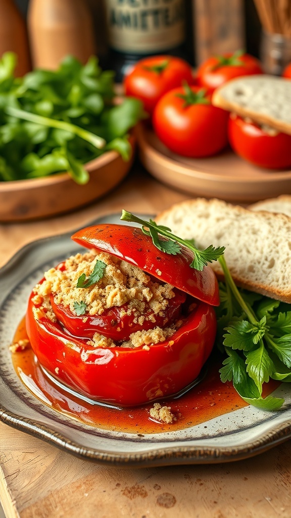 Baked stuffed tomatoes with breadcrumbs and herbs on a rustic plate, garnished with fresh herbs.